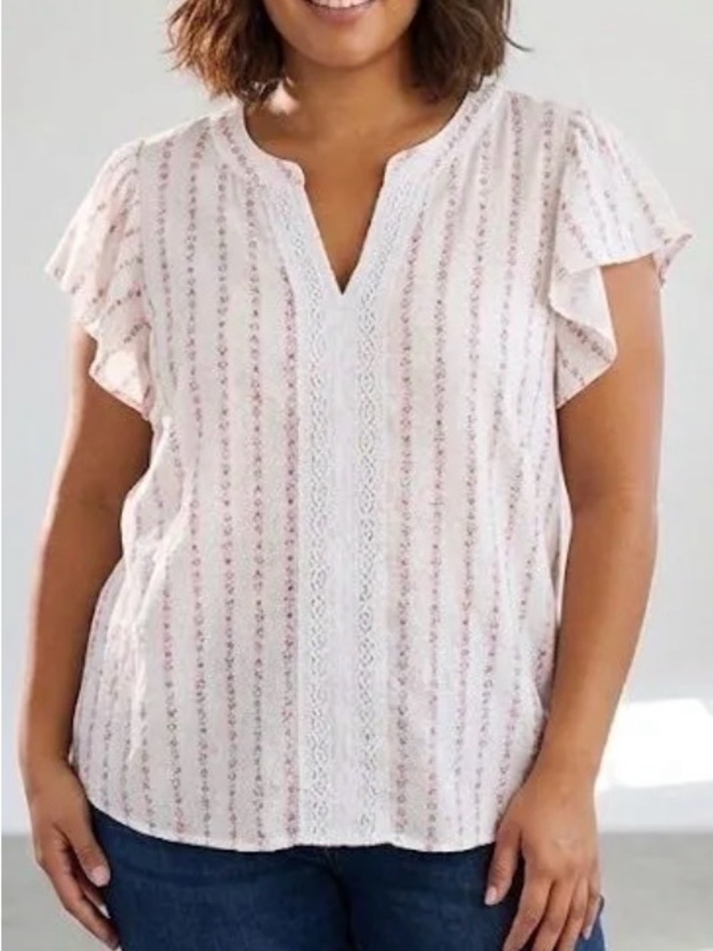 Flutter Sleeve Lace-Trim Pink Stripe Blouse